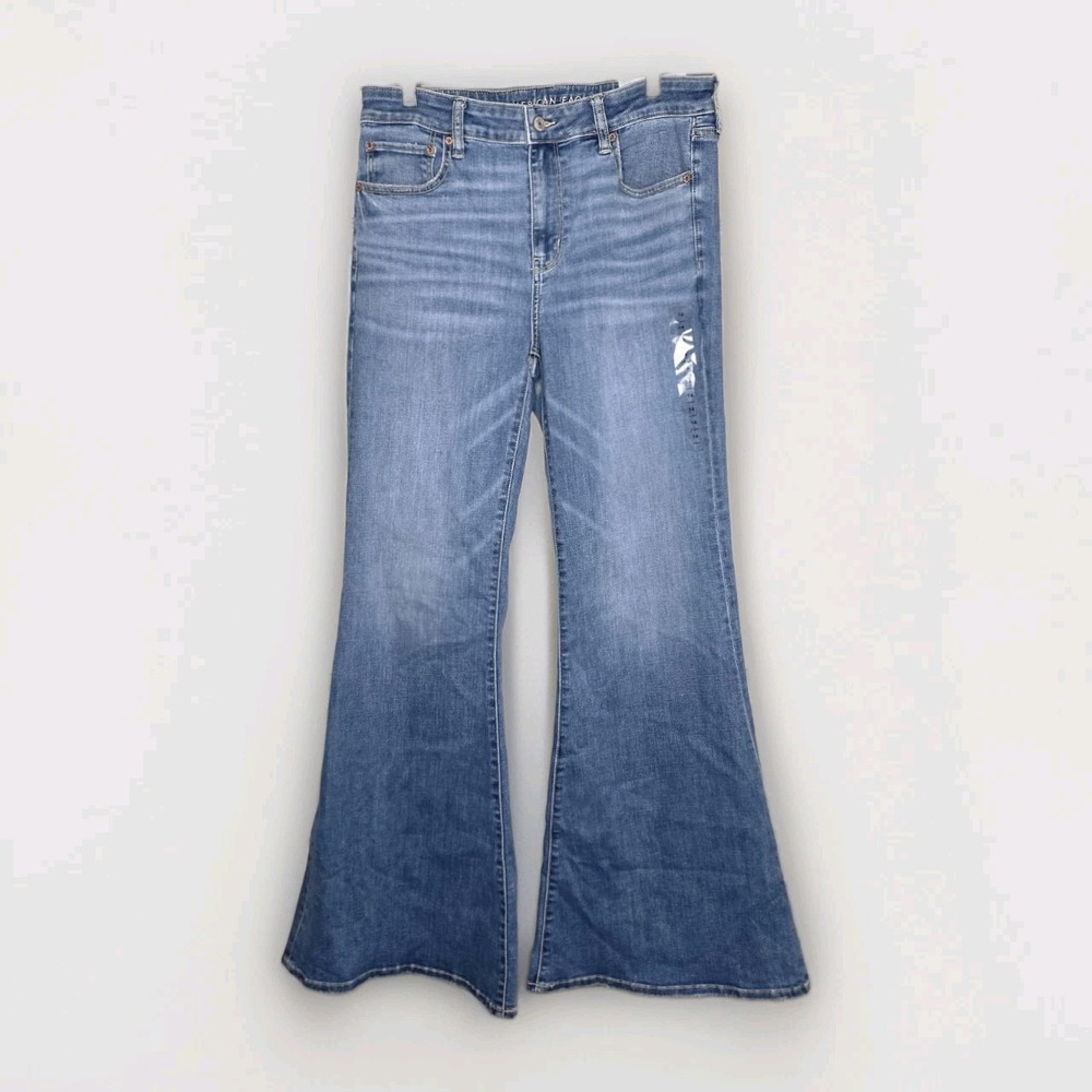 New American Eagle Hi-Rise Festival Flare Jeans Sz 14 Long Medium Wash Stretch